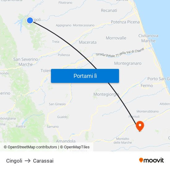 Cingoli to Carassai map