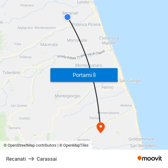 Recanati to Carassai map