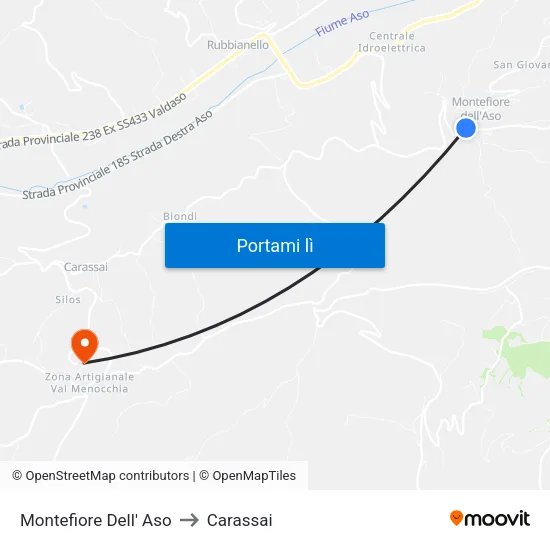 Montefiore Dell' Aso to Carassai map