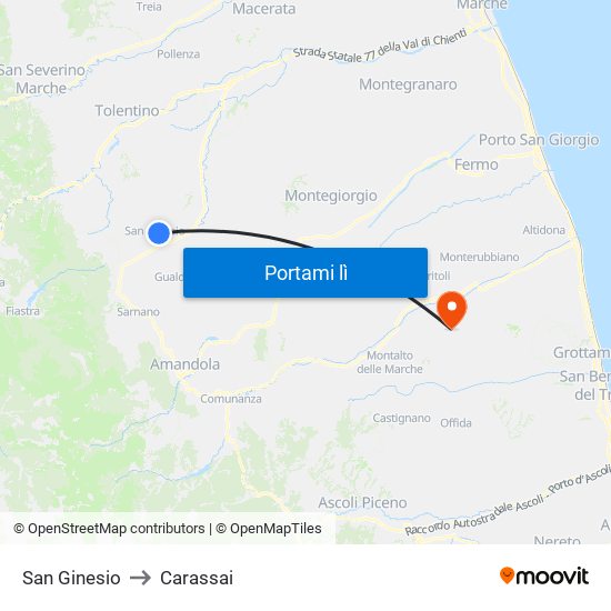 San Ginesio to Carassai map