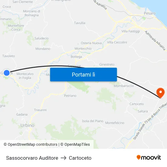 Sassocorvaro Auditore to Cartoceto map