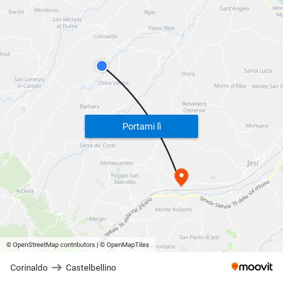 Corinaldo to Castelbellino map