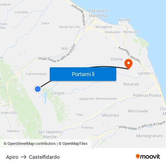 Apiro to Castelfidardo map