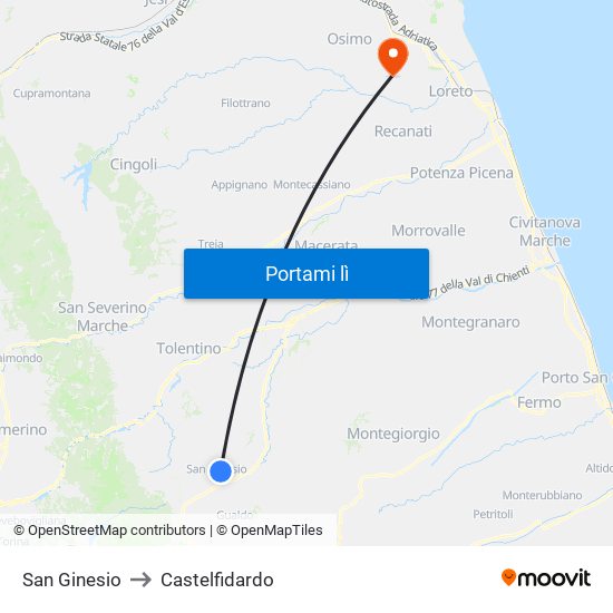 San Ginesio to Castelfidardo map