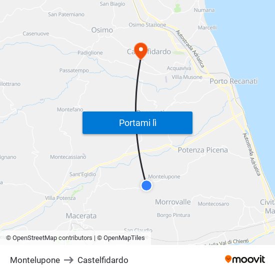 Montelupone to Castelfidardo map