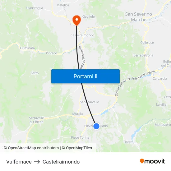 Valfornace to Castelraimondo map