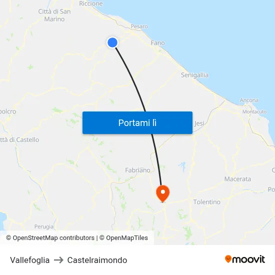 Vallefoglia to Castelraimondo map