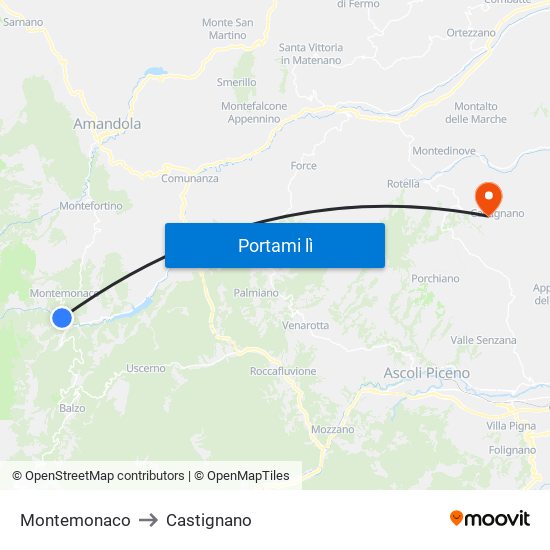 Montemonaco to Castignano map