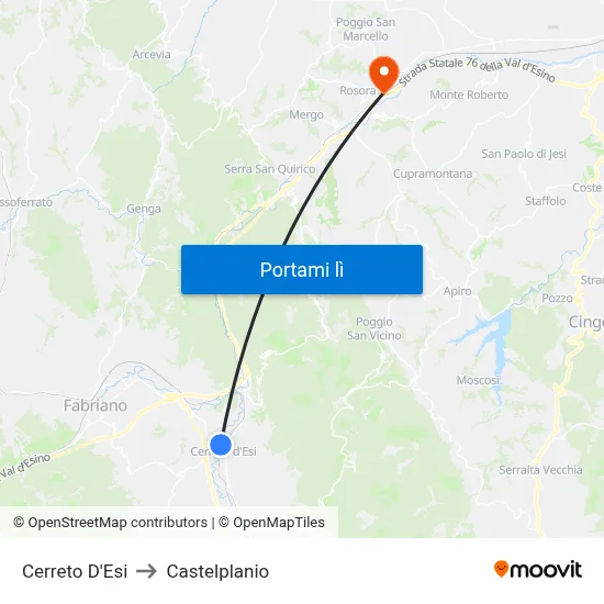 Cerreto D'Esi to Castelplanio map