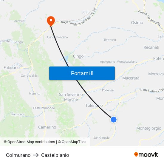 Colmurano to Castelplanio map