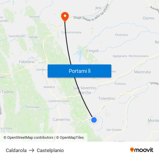 Caldarola to Castelplanio map