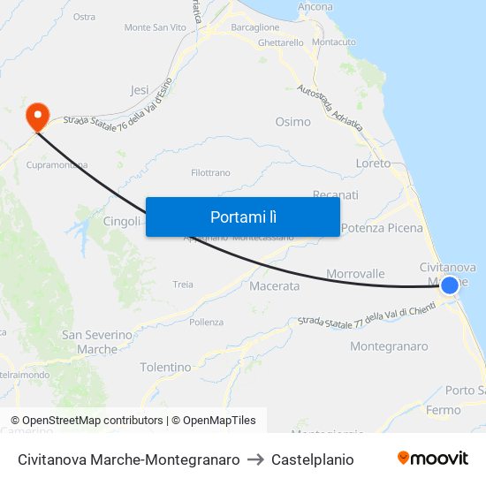 Civitanova Marche-Montegranaro to Castelplanio map