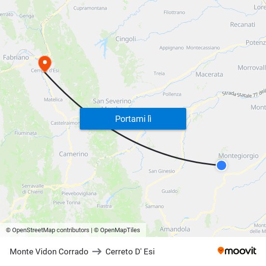 Monte Vidon Corrado to Cerreto D' Esi map