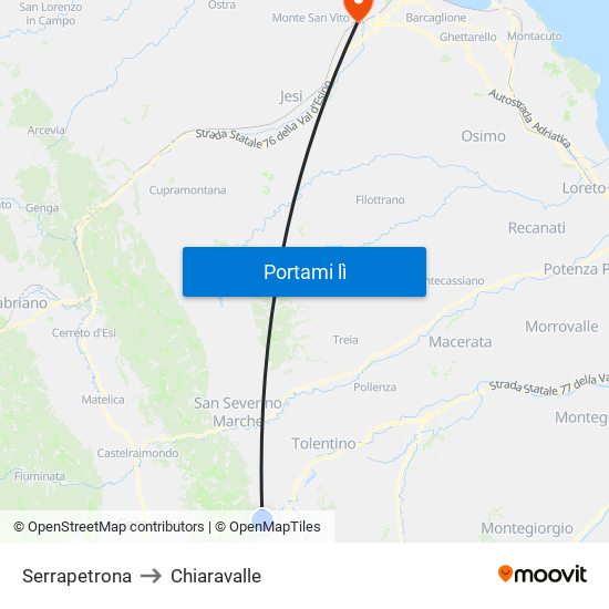 Serrapetrona to Chiaravalle map