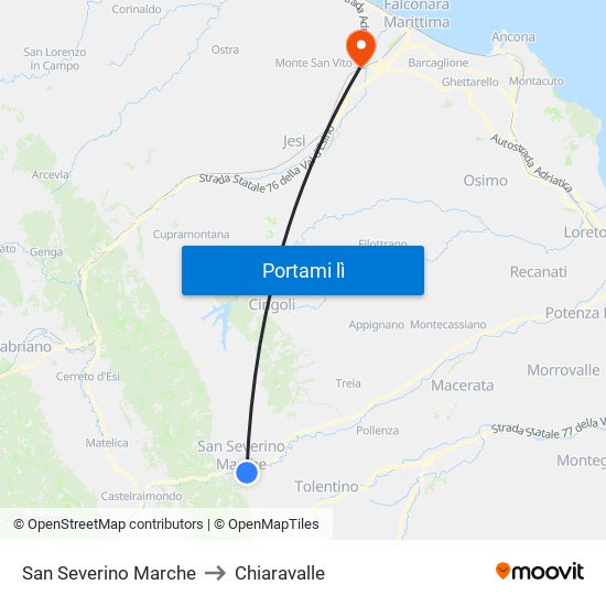 San Severino Marche to Chiaravalle map