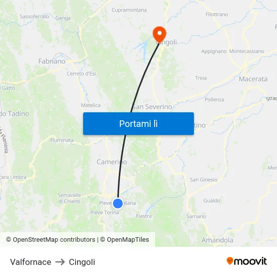 Valfornace to Cingoli map