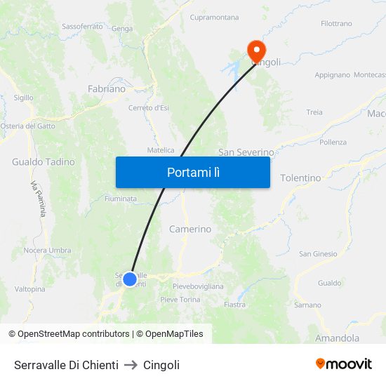 Serravalle Di Chienti to Cingoli map