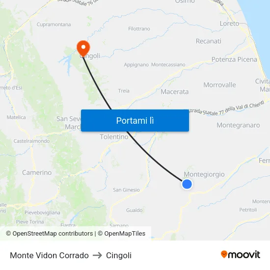 Monte Vidon Corrado to Cingoli map