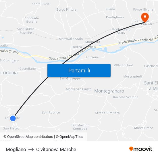 Mogliano to Civitanova Marche map