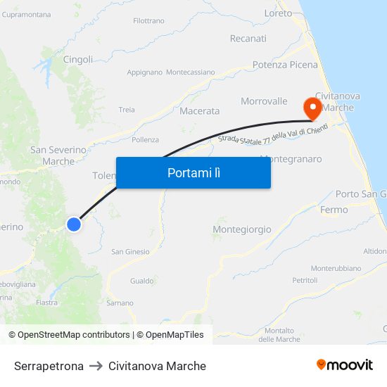 Serrapetrona to Civitanova Marche map