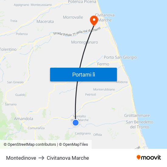 Montedinove to Civitanova Marche map