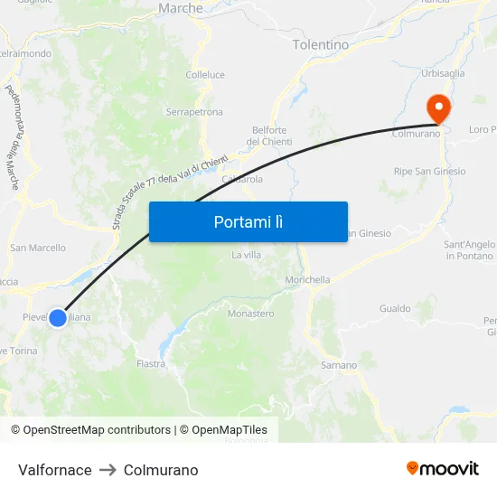 Valfornace to Colmurano map
