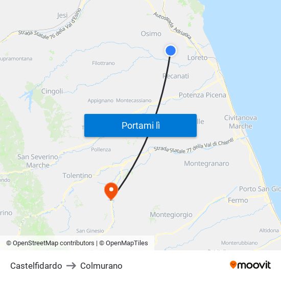Castelfidardo to Colmurano map