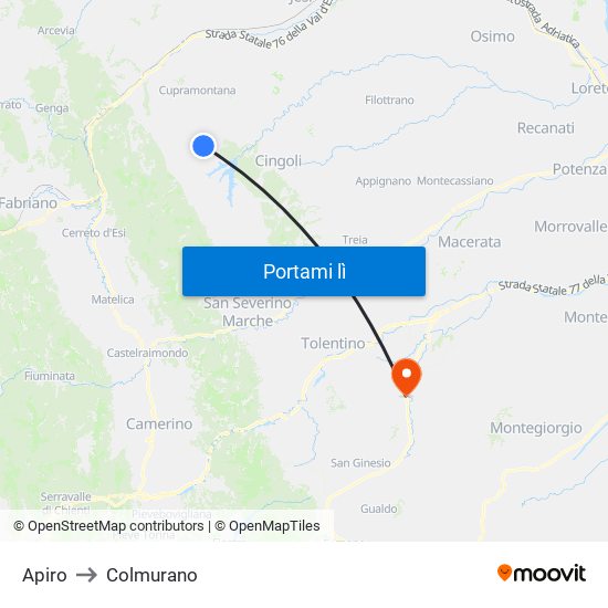 Apiro to Colmurano map