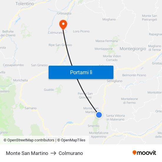 Monte San Martino to Colmurano map