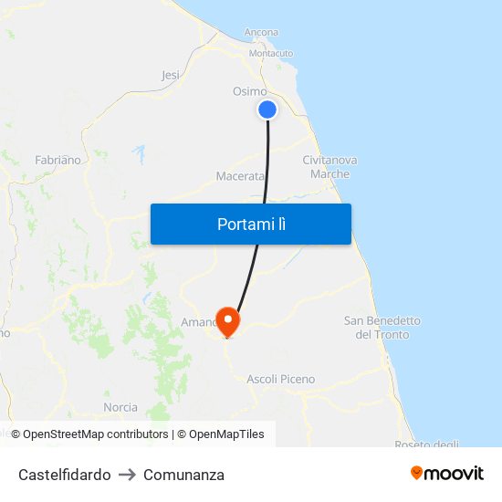 Castelfidardo to Comunanza map