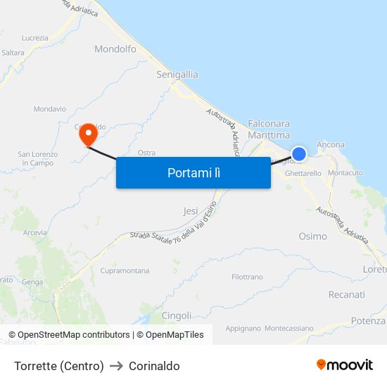 Torrette (Centro) to Corinaldo map