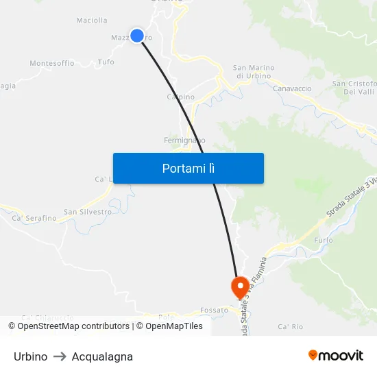 Urbino to Acqualagna map
