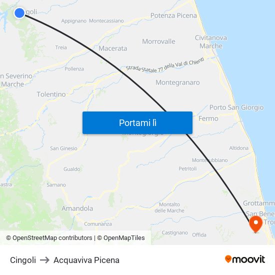 Cingoli to Acquaviva Picena map