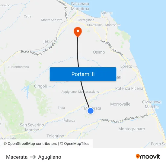 Macerata to Agugliano map