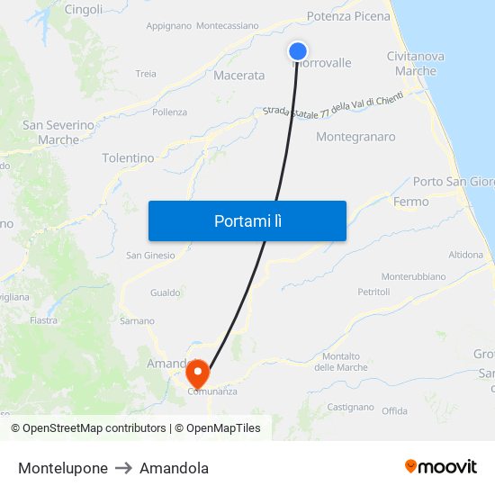 Montelupone to Amandola map