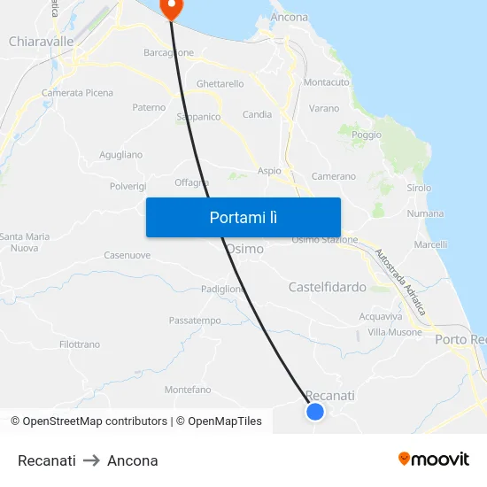 Recanati to Ancona map