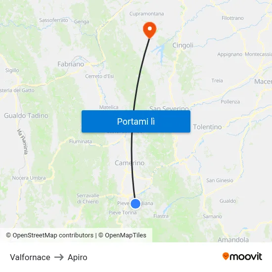Valfornace to Apiro map
