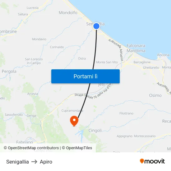 Senigallia to Apiro map
