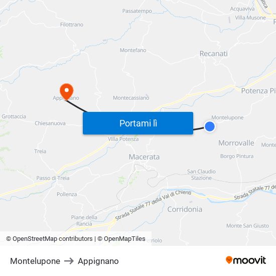 Montelupone to Appignano map