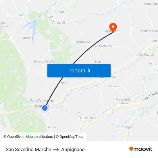 San Severino Marche to Appignano map