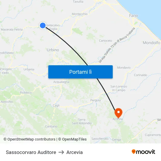 Sassocorvaro Auditore to Arcevia map