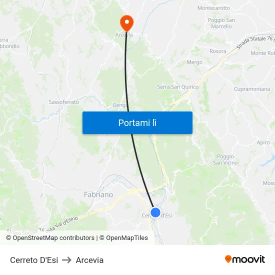 Cerreto D'Esi to Arcevia map