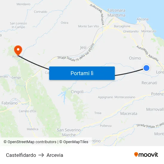 Castelfidardo to Arcevia map