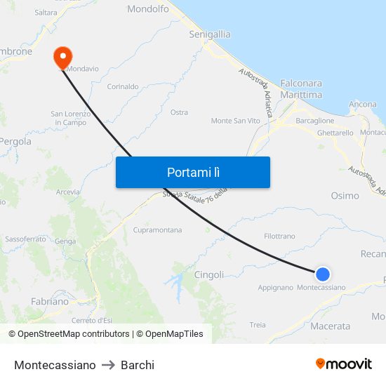 Montecassiano to Barchi map