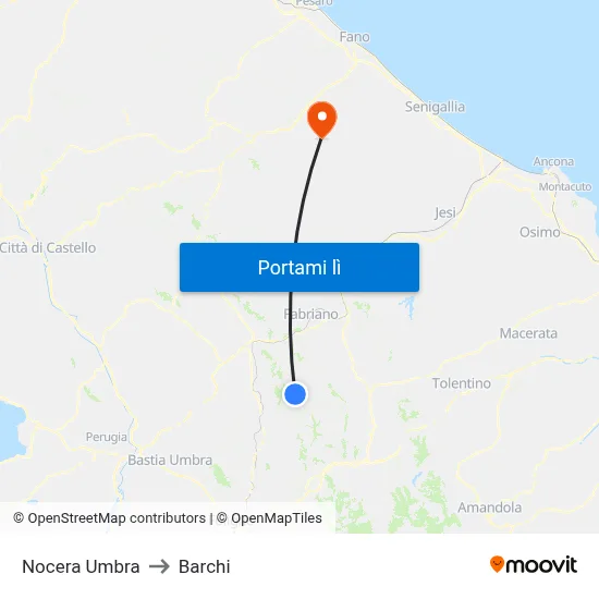 Nocera Umbra to Barchi map