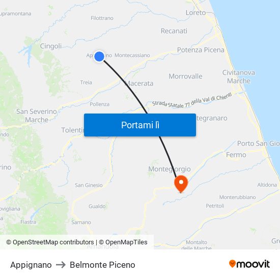 Appignano to Belmonte Piceno map