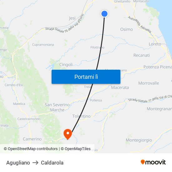 Agugliano to Caldarola map