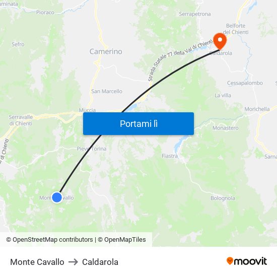 Monte Cavallo to Caldarola map