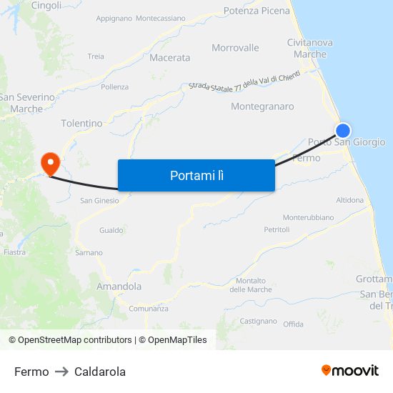 Fermo to Caldarola map