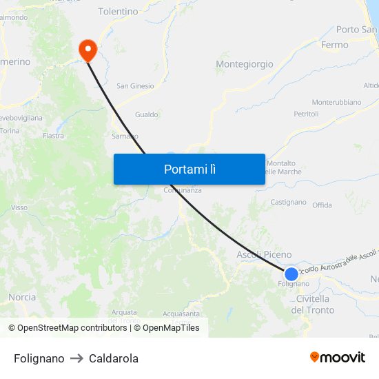 Folignano to Caldarola map